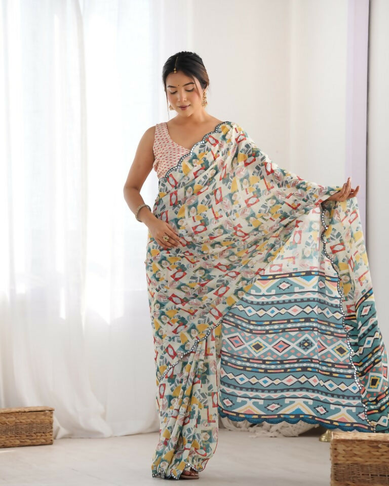 Off White Chinon Designer Digital Printed & Mirror Cut Work Saree - Kriti | Grocsy