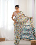 Off White Chinon Designer Digital Printed & Mirror Cut Work Saree - Kriti | Grocsy