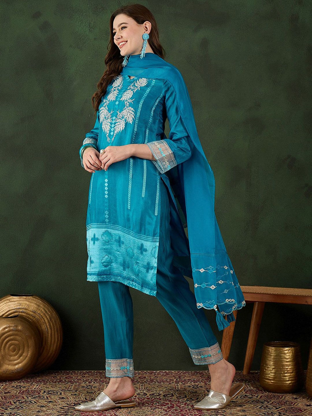 Sangria Embroidered Kurta & Trouser With Dupatta | Grocsy