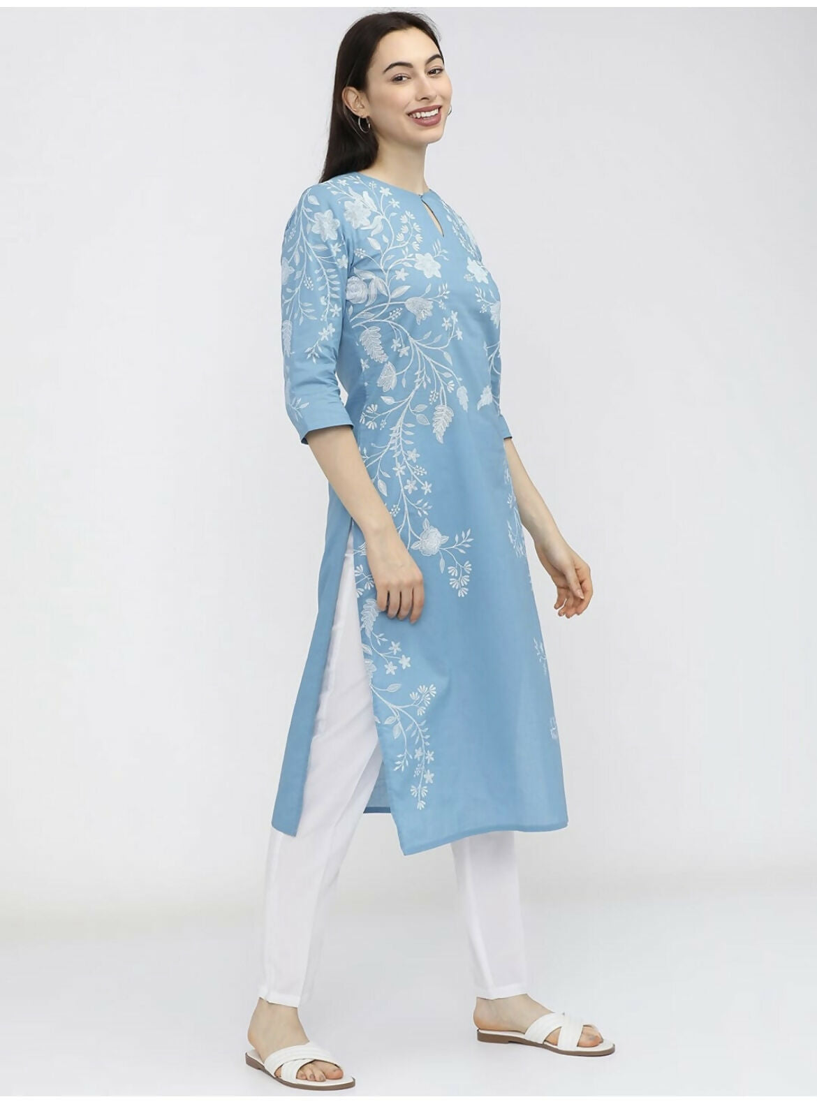 Cheera Women Stylish Hand Block Printed Cotton Blend Flared Kurta - Sky Blue | Grocsy