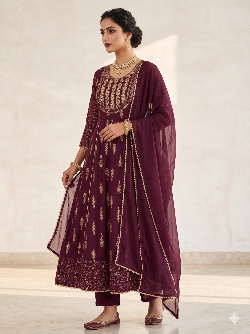 Teeya Creation Women's Premium Wine Color Fully Stitched Anarkali Kurta With Pant And Dupatta Set | Grocsy