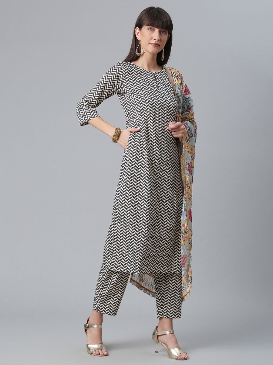 Ahalyaa Black & White Digital Print Crepe Kurta and Pant With Dupatta Set | Grocsy