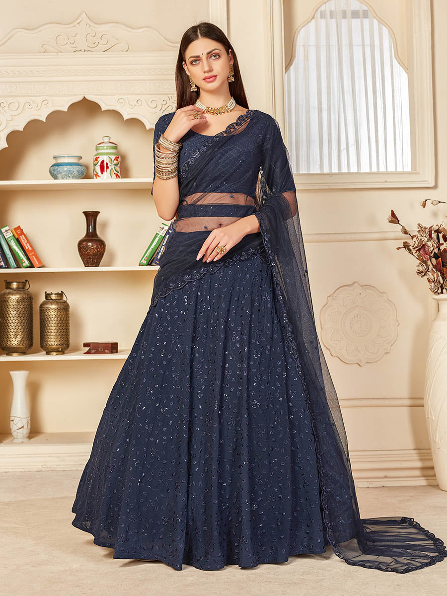 Myra Navy Blue Georgette Embroidered Lehenga | Grocsy