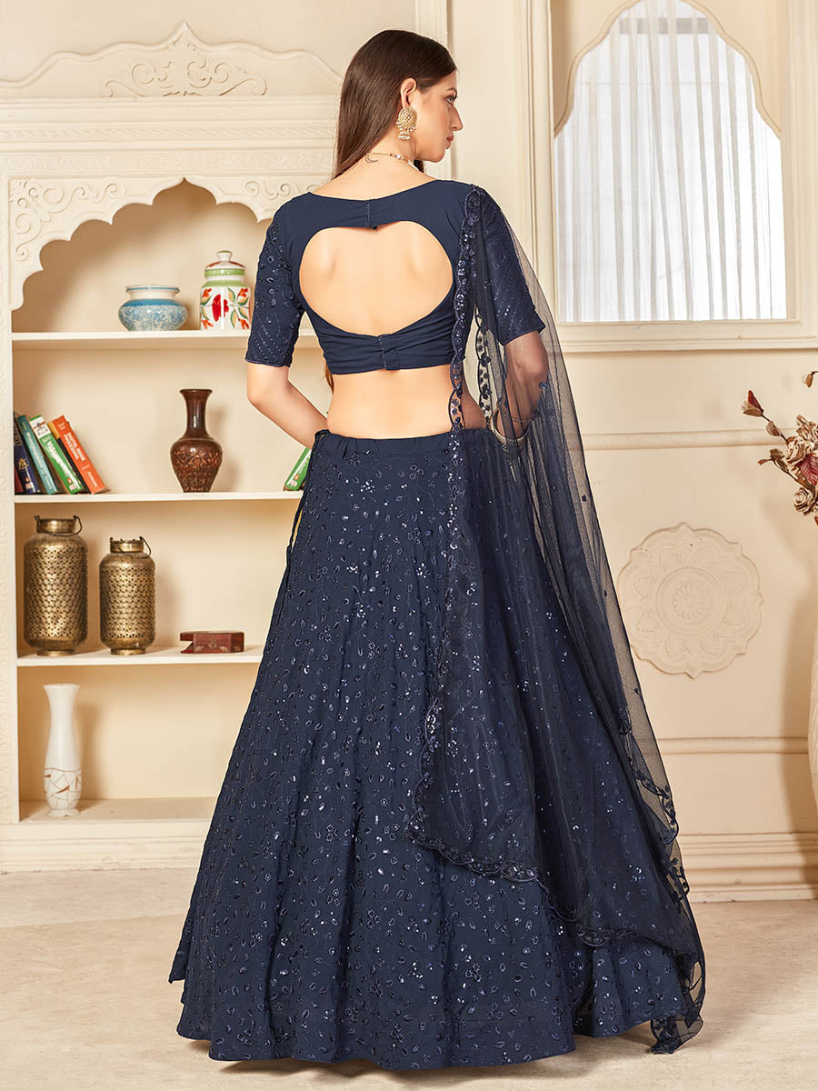 Myra Navy Blue Georgette Embroidered Lehenga | Grocsy