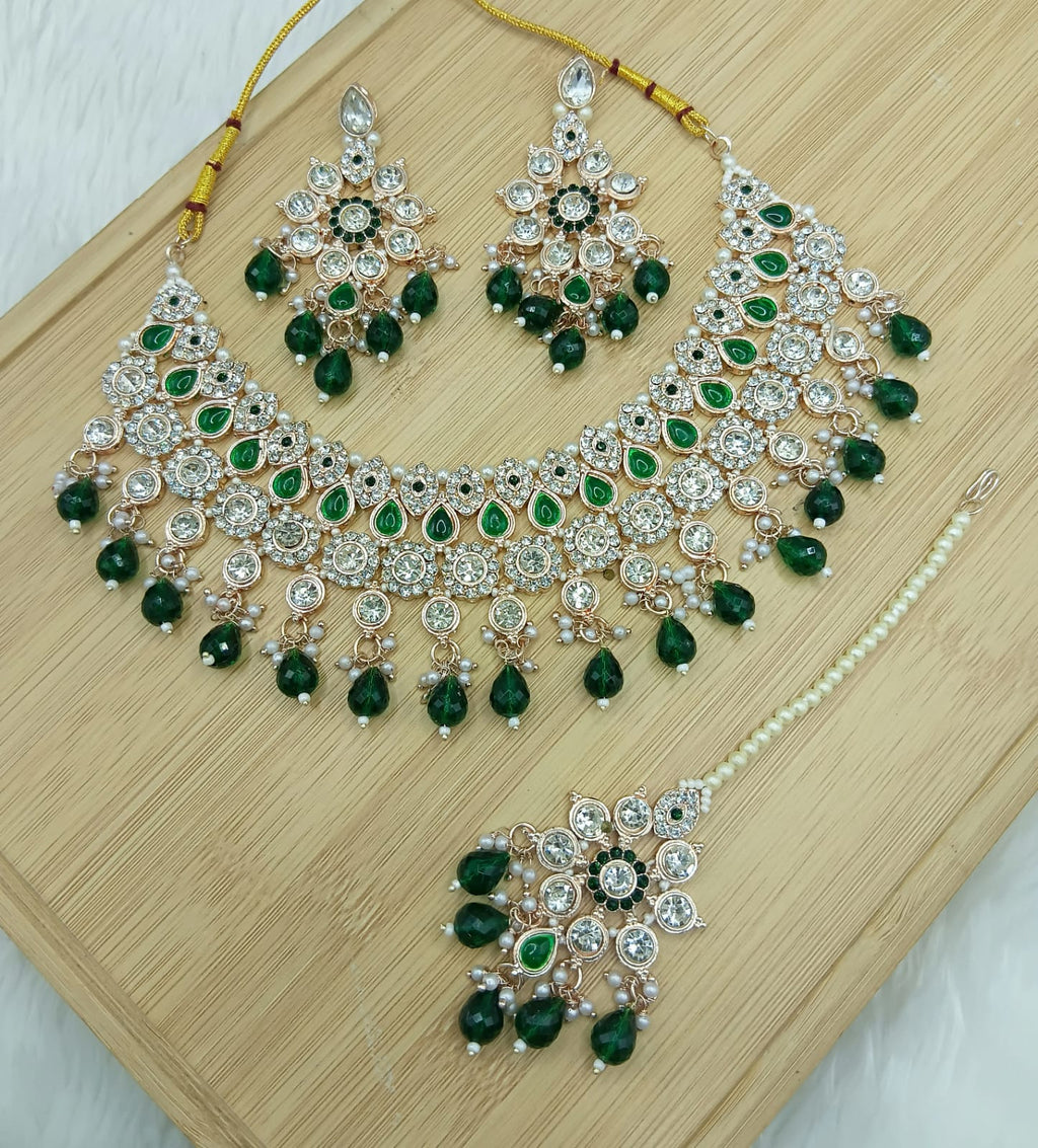 Jewel City Royal Green Stone Bridal Necklace Set for Women | Traditional Gold-Plated Ethnic Indian Jewelry | Grocsy