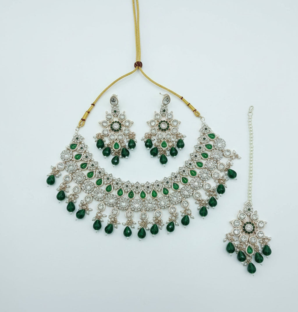 Jewel City Royal Green Stone Bridal Necklace Set for Women | Traditional Gold-Plated Ethnic Indian Jewelry | Grocsy