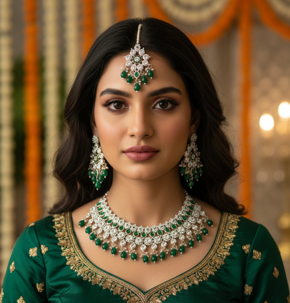 Jewel City Royal Green Stone Bridal Necklace Set for Women | Traditional Gold-Plated Ethnic Indian Jewelry | Grocsy