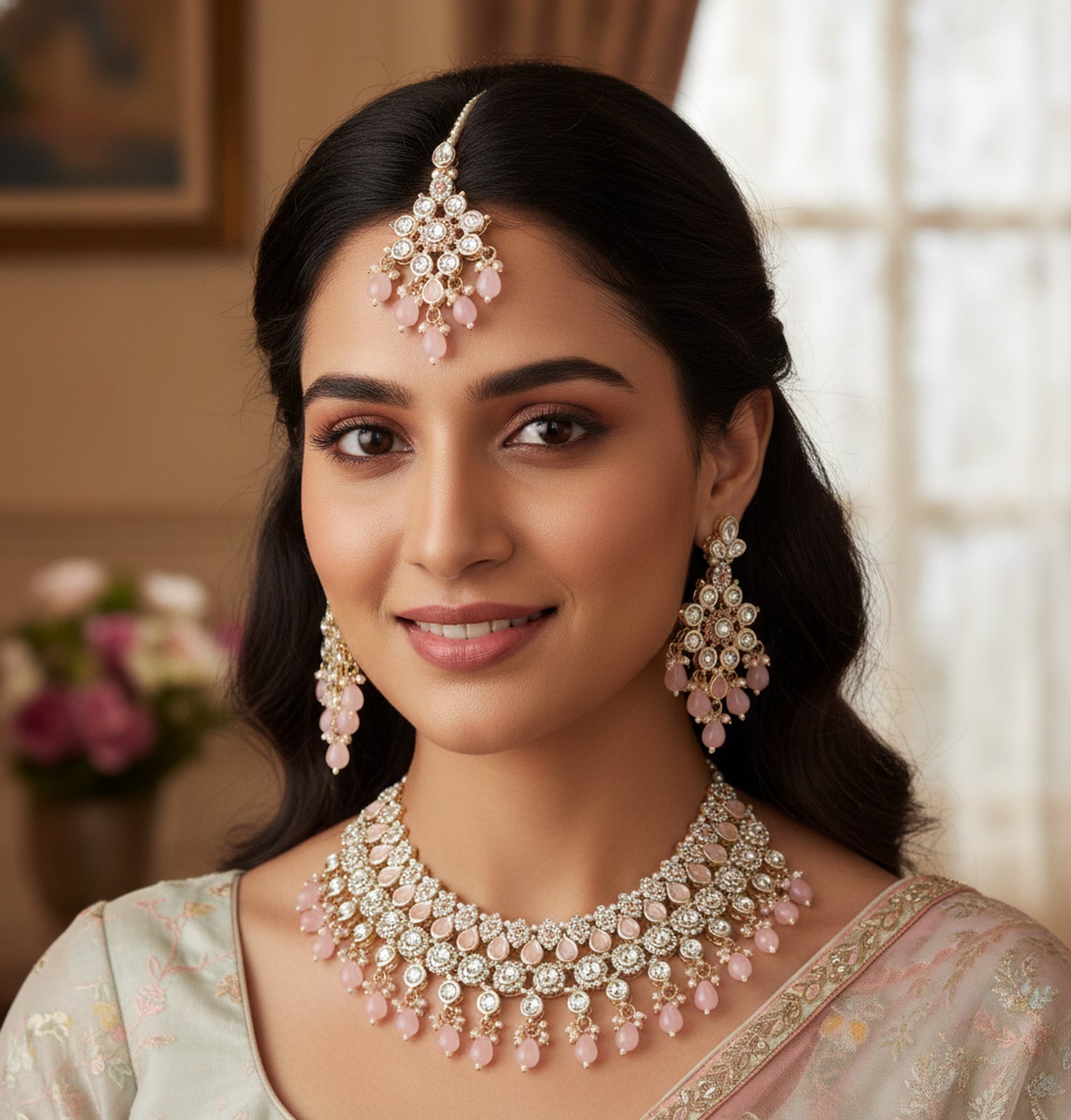 Jewel City Pink Stone Bridal Necklace Set for Women | Traditional Gold-Plated Ethnic Indian Jewelry | Grocsy