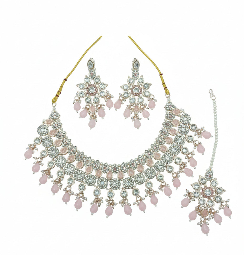 Jewel City Pink Stone Bridal Necklace Set for Women | Traditional Gold-Plated Ethnic Indian Jewelry | Grocsy