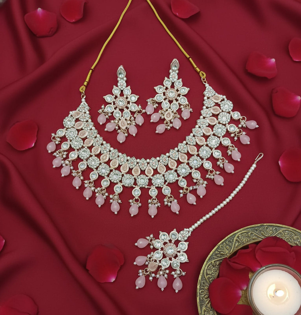 Jewel City Pink Stone Bridal Necklace Set for Women | Traditional Gold-Plated Ethnic Indian Jewelry | Grocsy