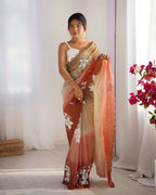 Choco and Orange Crunchy Crush Pedding Color Embroidery Work Party Wear Saree - Zuleika | Grocsy