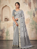 Shree Shyam Fashion Grey Woven Work Linen Fabric Daily Wear Saree With Blouse | Grocsy