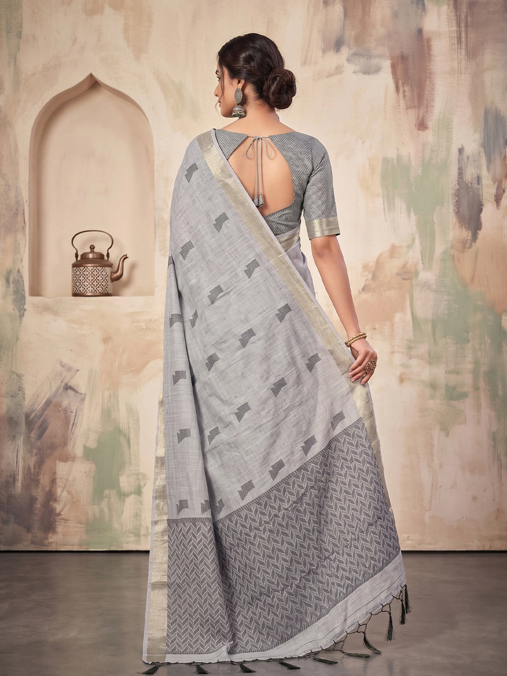 Shree Shyam Fashion Grey Woven Work Linen Fabric Daily Wear Saree With Blouse | Grocsy