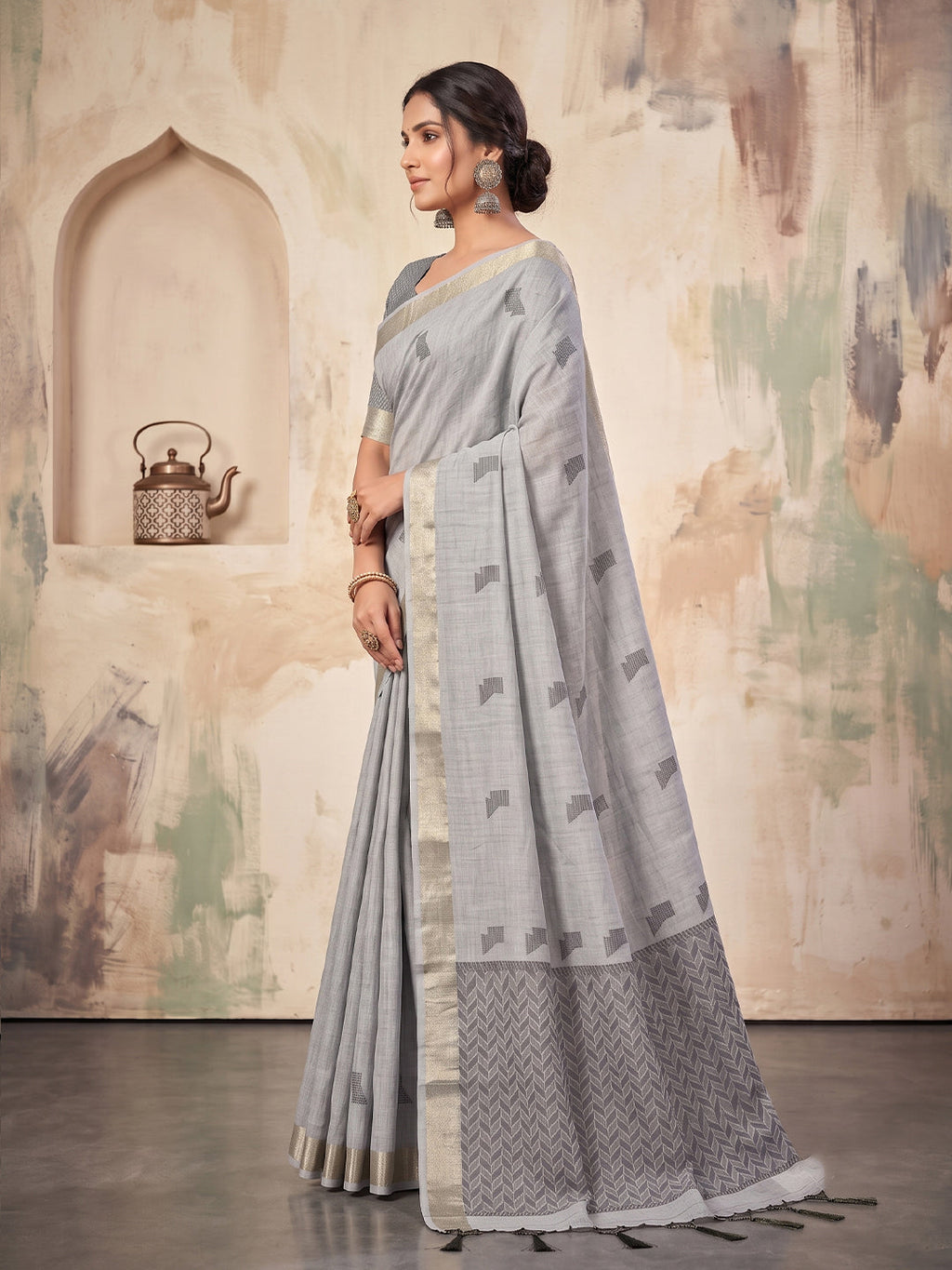 Shree Shyam Fashion Grey Woven Work Linen Fabric Daily Wear Saree With Blouse | Grocsy