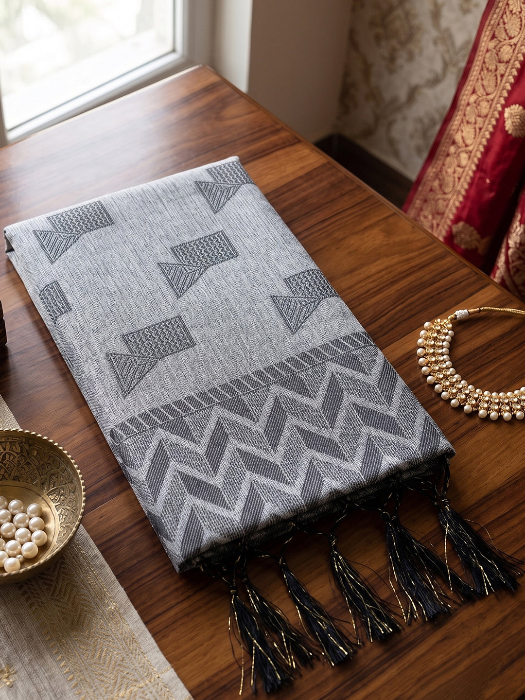 Shree Shyam Fashion Grey Woven Work Linen Fabric Daily Wear Saree With Blouse | Grocsy