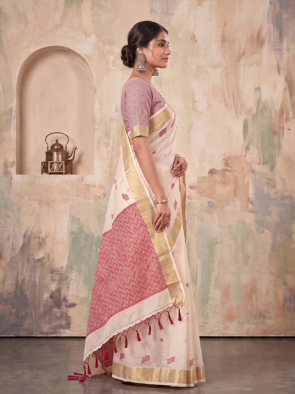 Shree Shyam Fashion Cream Woven Work Linen Fabric Daily Wear Saree With Blouse | Grocsy