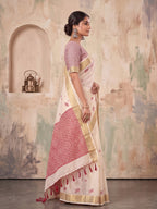 Shree Shyam Fashion Cream Woven Work Linen Fabric Daily Wear Saree With Blouse | Grocsy
