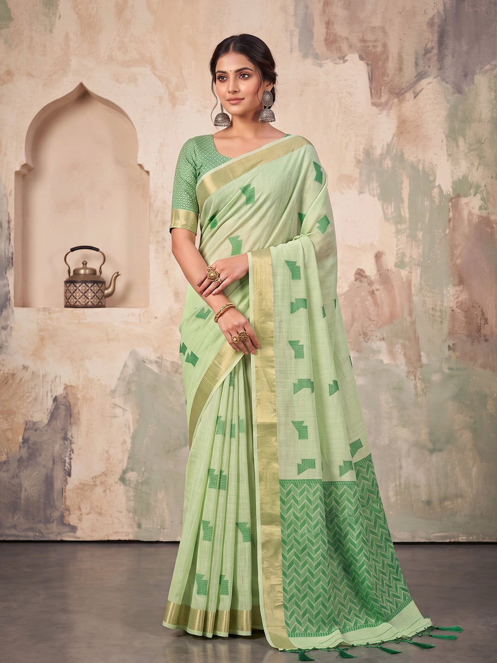Shree Shyam Fashion Mehendi Green Woven Work Linen Fabric Daily Wear Saree With Blouse | Grocsy