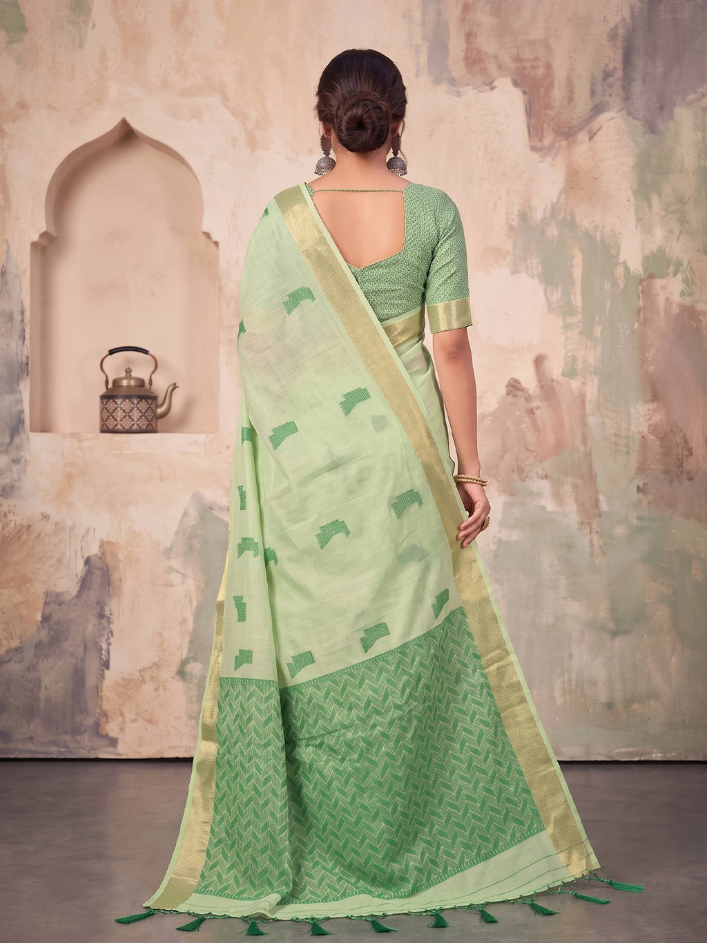 Shree Shyam Fashion Mehendi Green Woven Work Linen Fabric Daily Wear Saree With Blouse | Grocsy