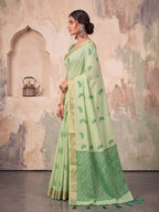 Shree Shyam Fashion Mehendi Green Woven Work Linen Fabric Daily Wear Saree With Blouse | Grocsy