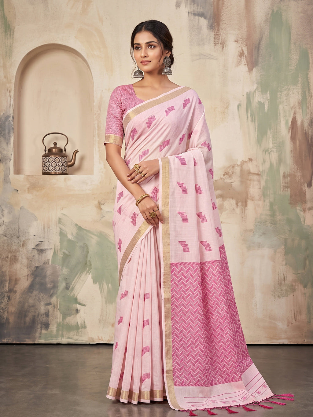 Shree Shyam Fashion Pink Woven Work Linen Fabric Daily Wear Saree With Blouse | Grocsy