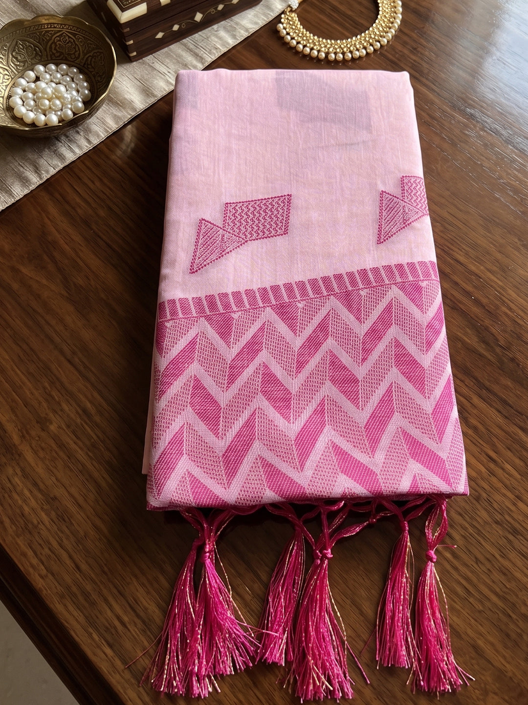Shree Shyam Fashion Pink Woven Work Linen Fabric Daily Wear Saree With Blouse | Grocsy