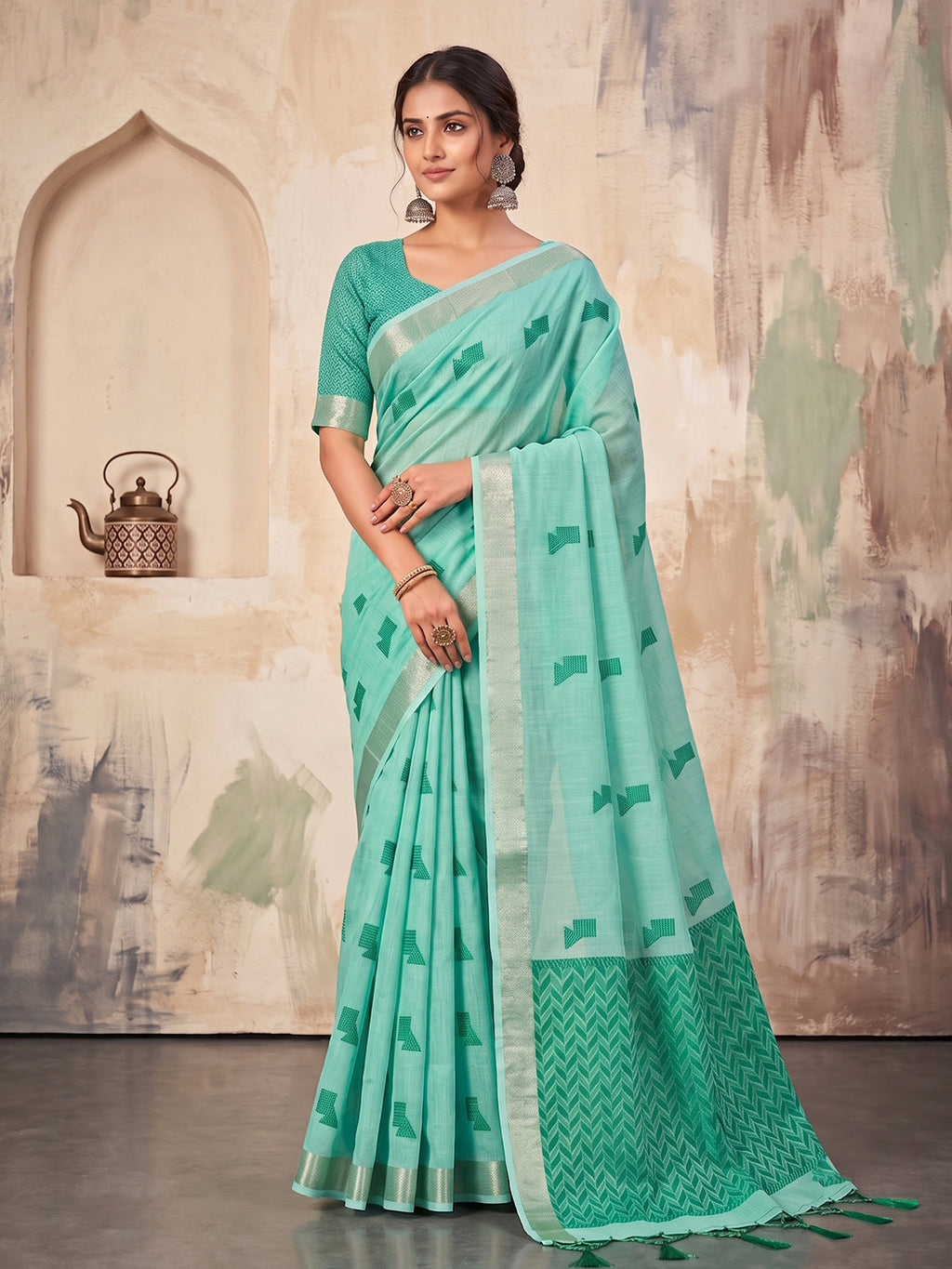 Shree Shyam Fashion Sky Blue Woven Work Linen Fabric Daily Wear Saree With Blouse | Grocsy