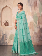 Shree Shyam Fashion Sky Blue Woven Work Linen Fabric Daily Wear Saree With Blouse | Grocsy