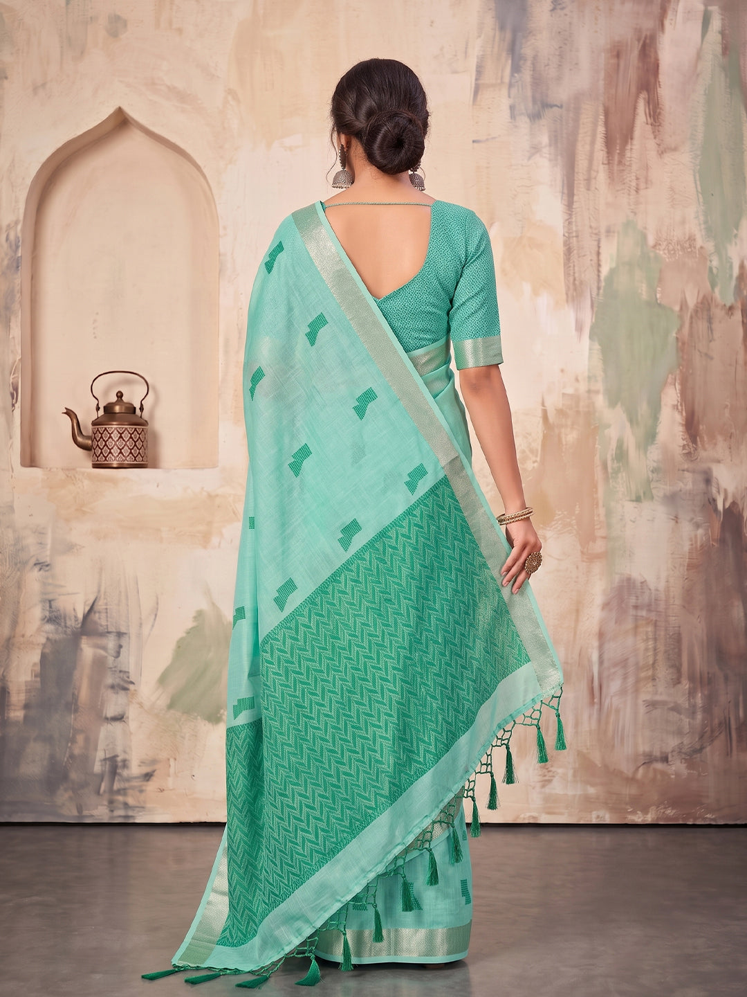 Shree Shyam Fashion Sky Blue Woven Work Linen Fabric Daily Wear Saree With Blouse | Grocsy