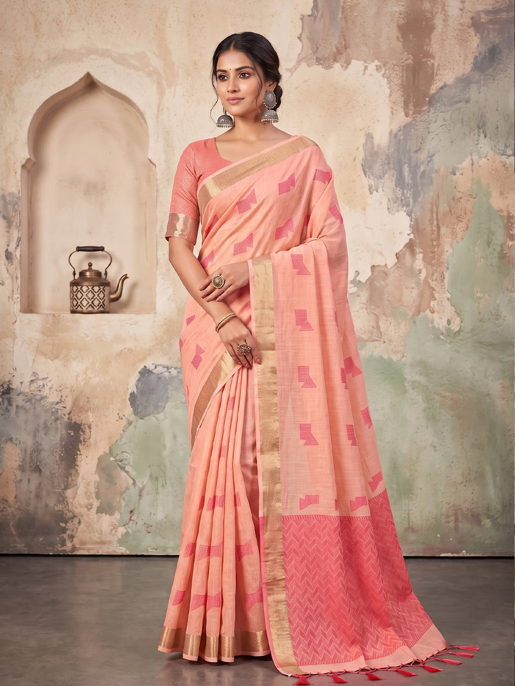 Shree Shyam Fashion Pink Woven Work Linen Fabric Daily Wear Saree With Blouse | Grocsy