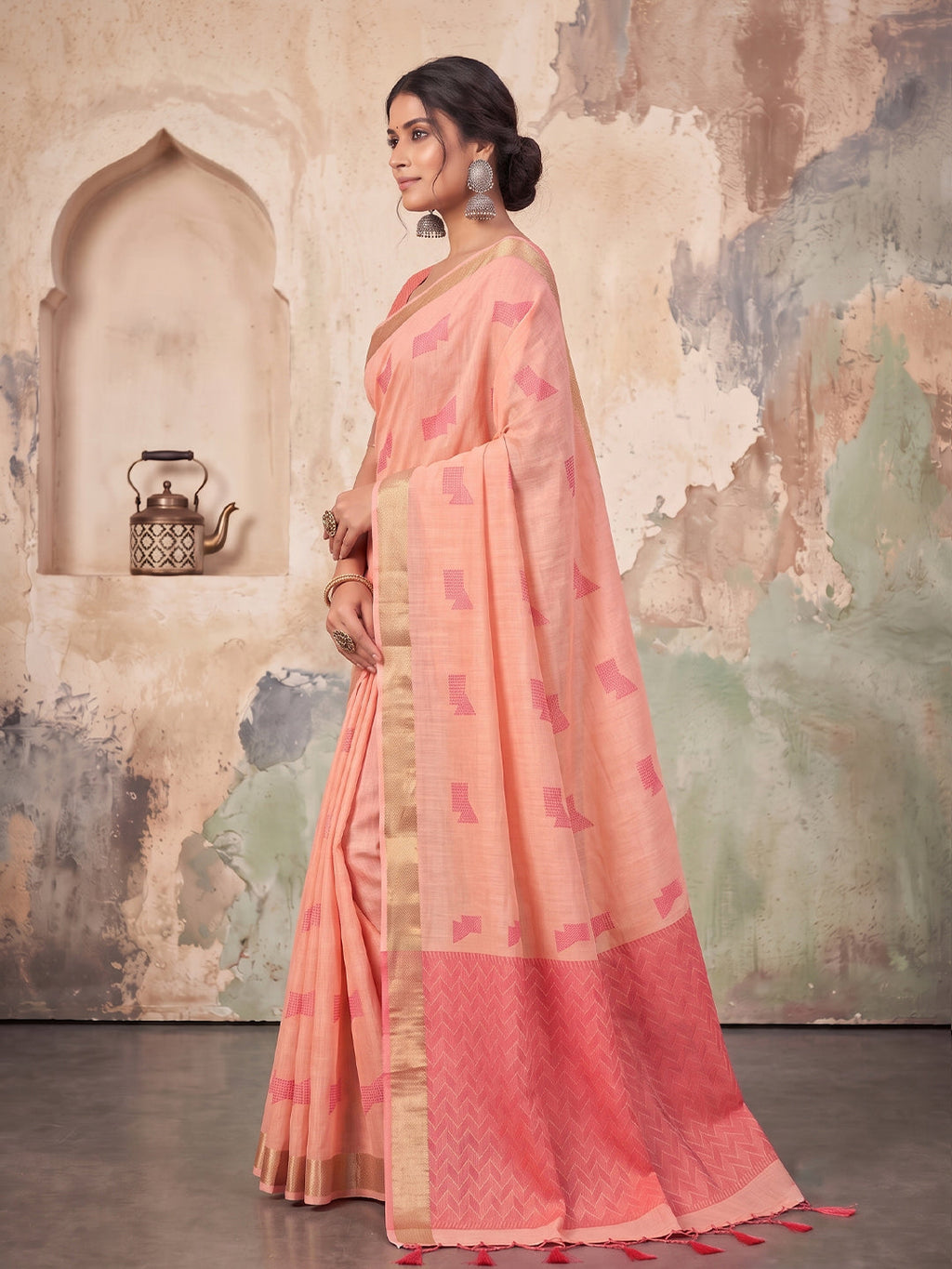 Shree Shyam Fashion Pink Woven Work Linen Fabric Daily Wear Saree With Blouse | Grocsy
