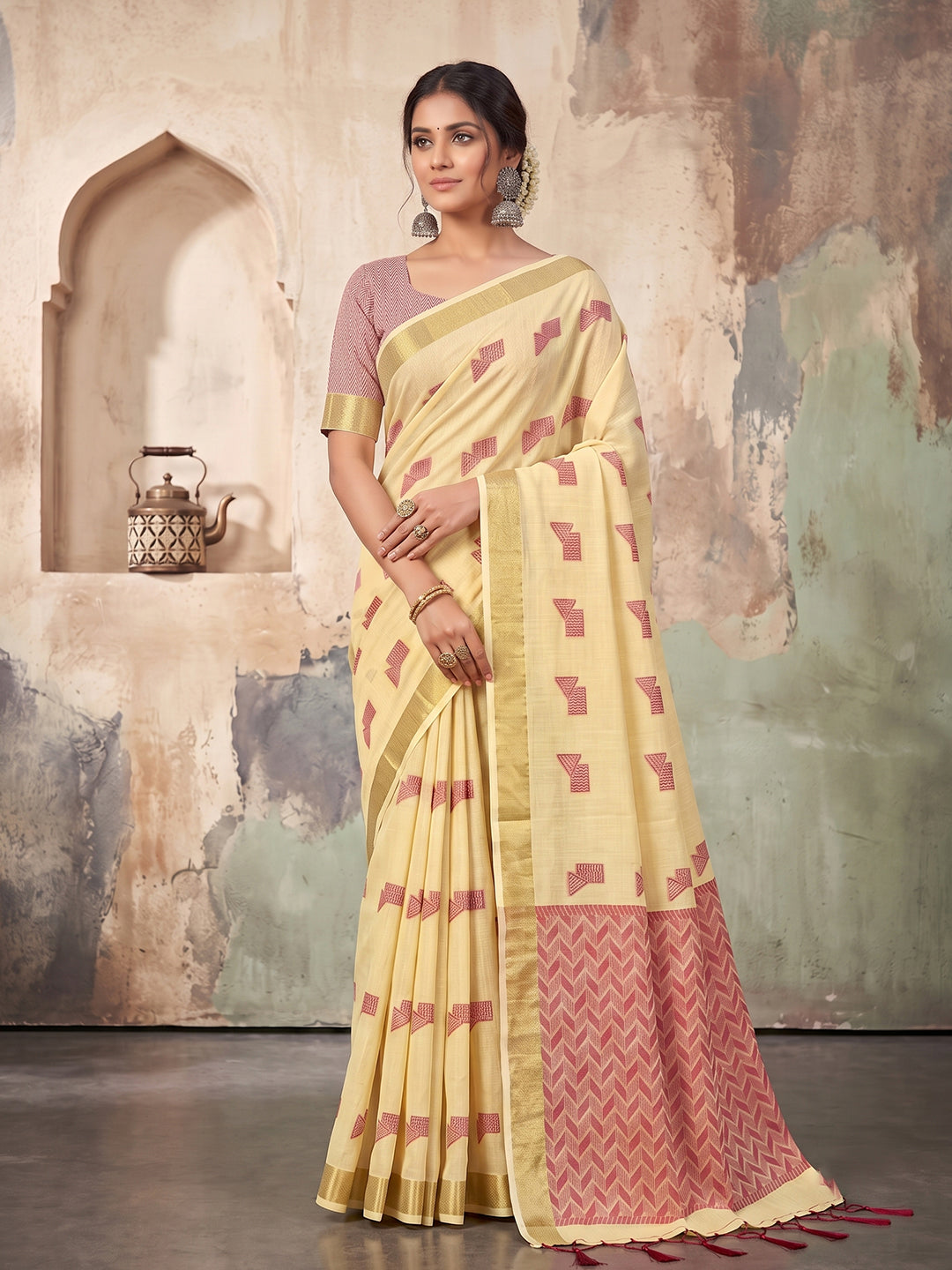 Shree Shyam Fashion Cream Woven Work Linen Fabric Daily Wear Saree With Blouse | Grocsy
