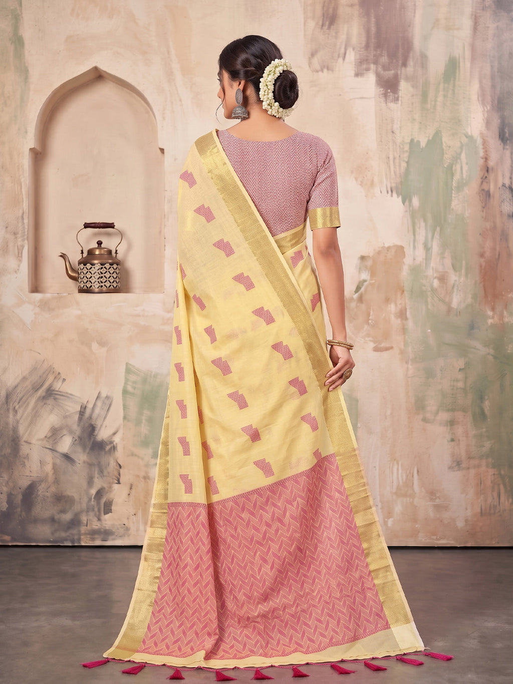 Shree Shyam Fashion Cream Woven Work Linen Fabric Daily Wear Saree With Blouse | Grocsy