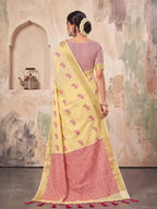 Shree Shyam Fashion Cream Woven Work Linen Fabric Daily Wear Saree With Blouse | Grocsy