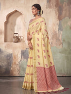 Shree Shyam Fashion Cream Woven Work Linen Fabric Daily Wear Saree With Blouse | Grocsy