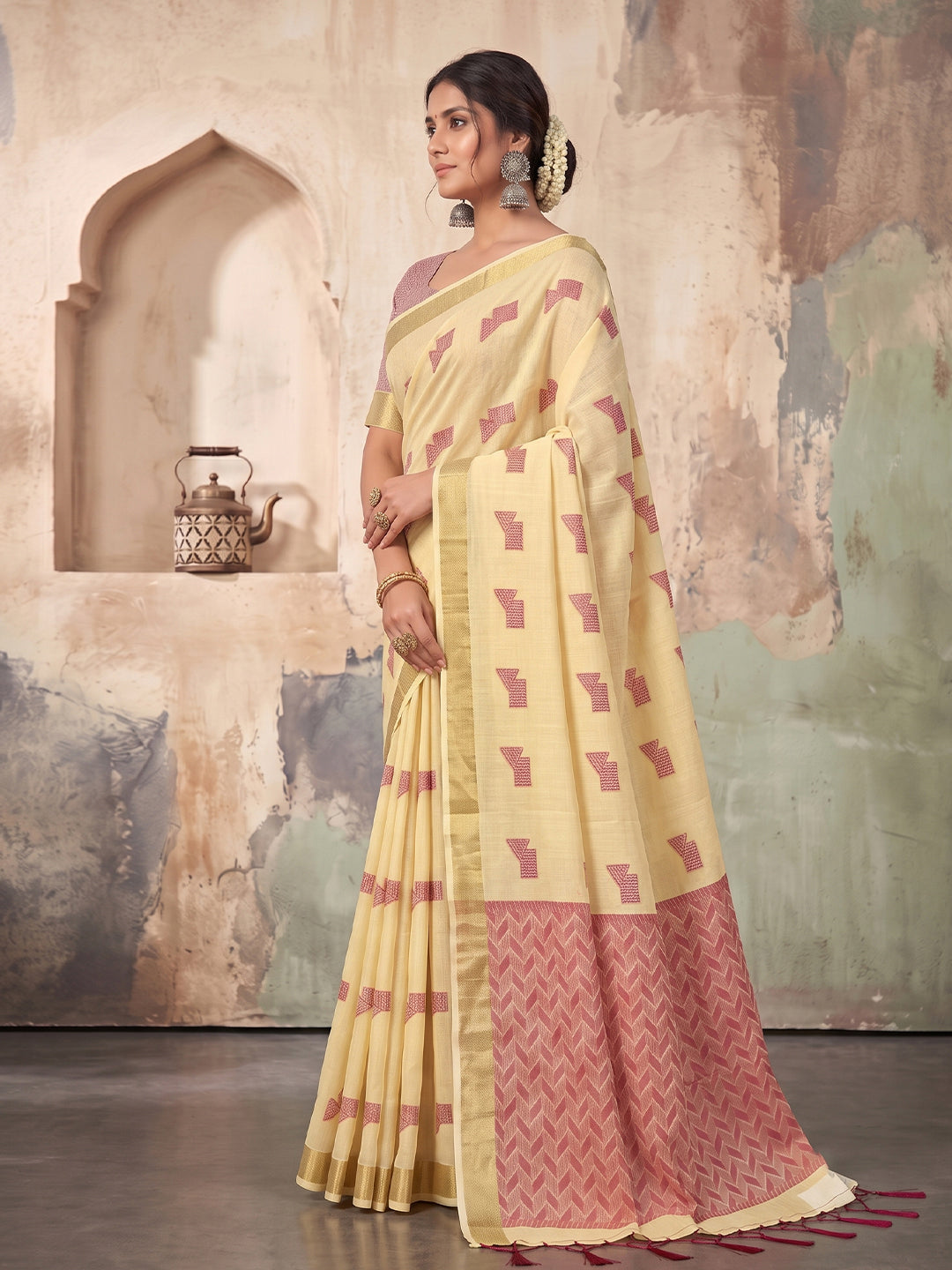 Shree Shyam Fashion Cream Woven Work Linen Fabric Daily Wear Saree With Blouse | Grocsy