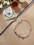 NVR Women & Men Set of 2 Blue Evil Eye Bhaiya Bhabhi Rakhi Set With Roli Chawal & Chocolate | Grocsy