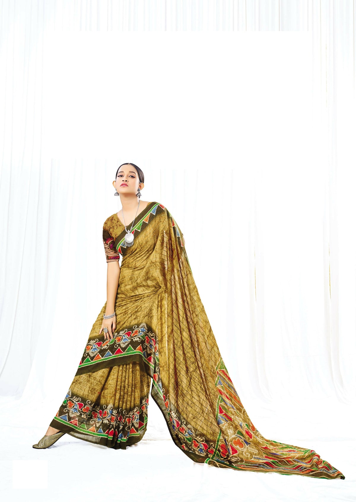 Beige Chanderi Cotton Floral Printed Saree With Unstitched Blouse Piece - Kathika | Grocsy