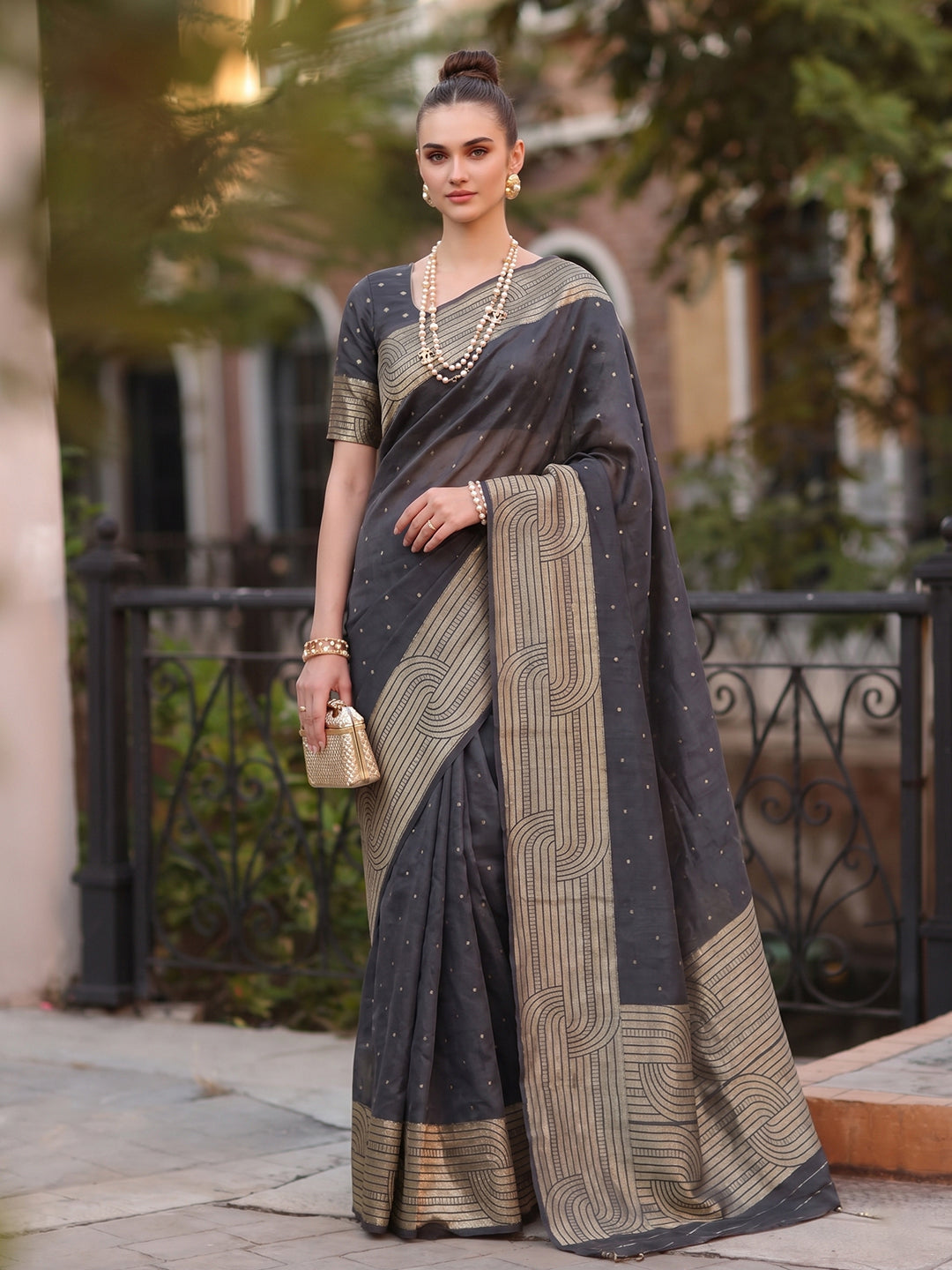 Shree Shyam Fashion Grey Woven Work Art Silk Fabric Party Wear Saree With Blouse | Grocsy