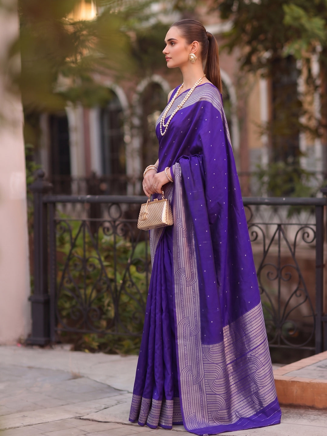 Shree Shyam Fashion Violet Woven Work Art Silk Fabric Party Wear Saree With Blouse | Grocsy