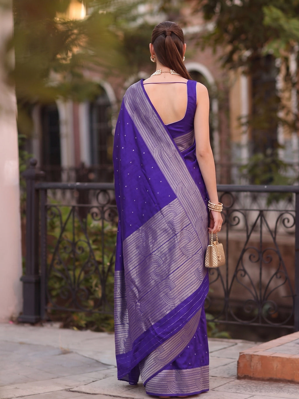 Shree Shyam Fashion Violet Woven Work Art Silk Fabric Party Wear Saree With Blouse | Grocsy