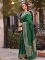 Shree Shyam Fashion Green Woven Work Art Silk Fabric Party Wear Saree With Blouse | Grocsy