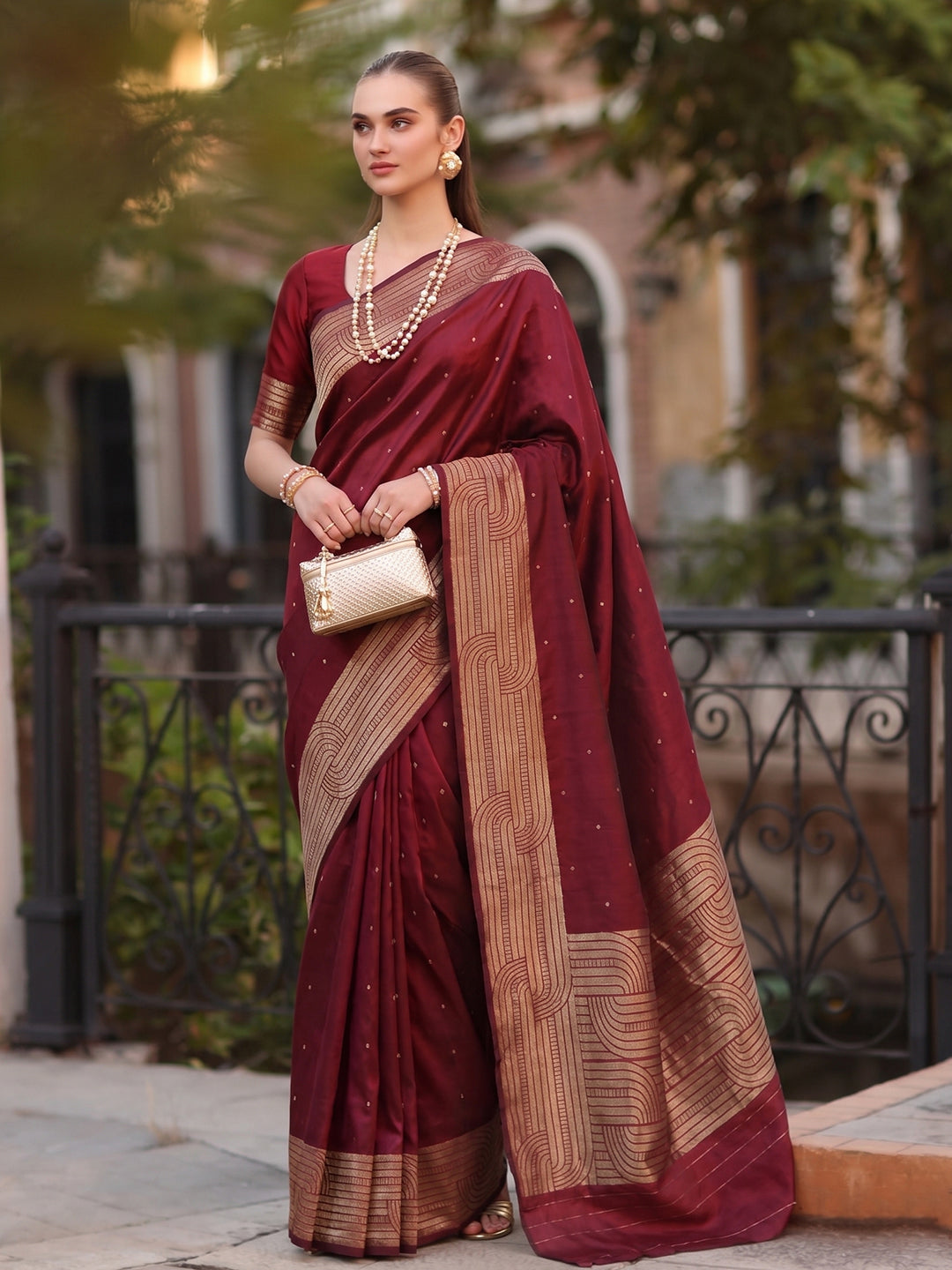 Shree Shyam Fashion Maroon Woven Work Art Silk Fabric Party Wear Saree With Blouse | Grocsy