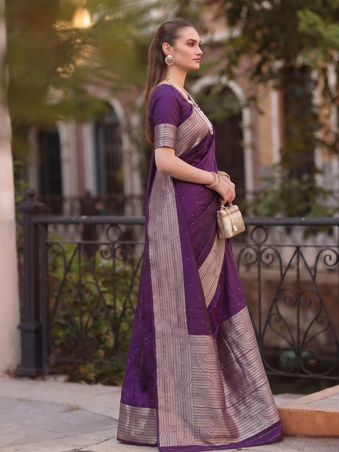 Shree Shyam Fashion Purple Woven Work Art Silk Fabric Party Wear Saree With Blouse | Grocsy