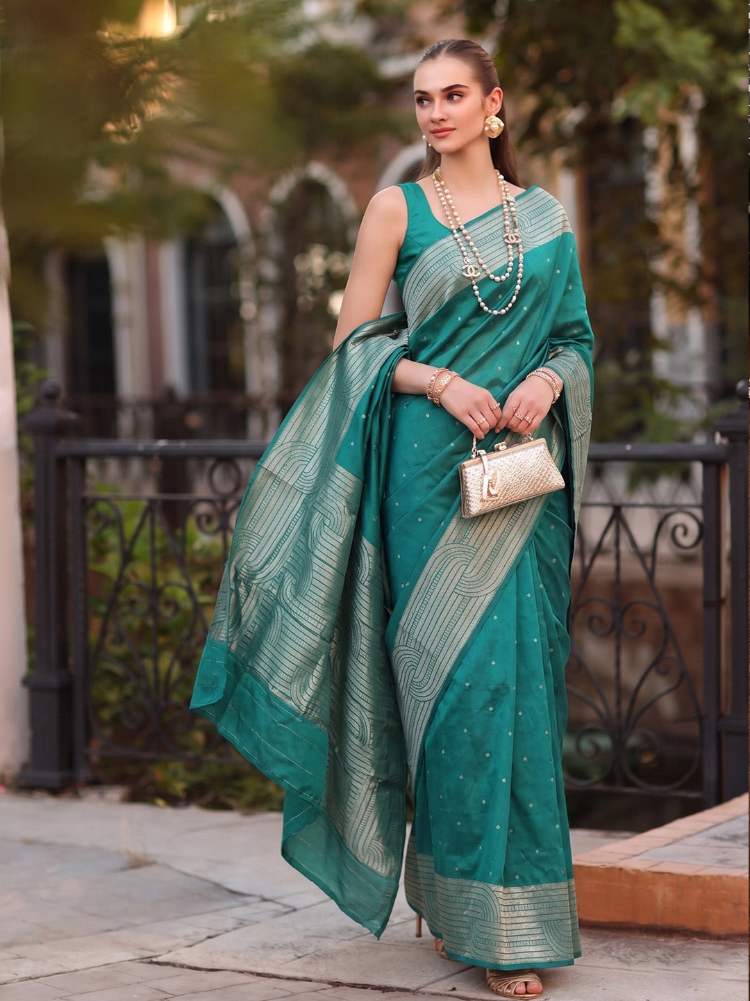 Shree Shyam Fashion Rama Green Woven Work Art Silk Fabric Party Wear Saree With Blouse | Grocsy