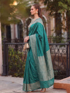 Shree Shyam Fashion Rama Green Woven Work Art Silk Fabric Party Wear Saree With Blouse | Grocsy