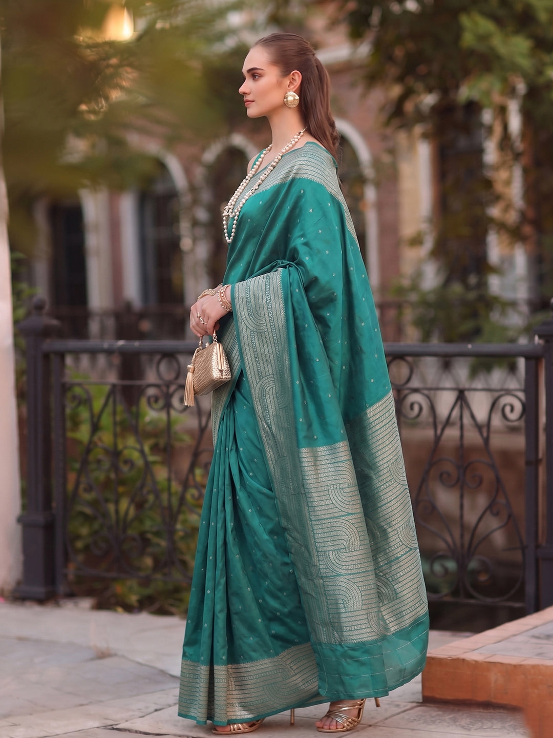Shree Shyam Fashion Rama Green Woven Work Art Silk Fabric Party Wear Saree With Blouse | Grocsy