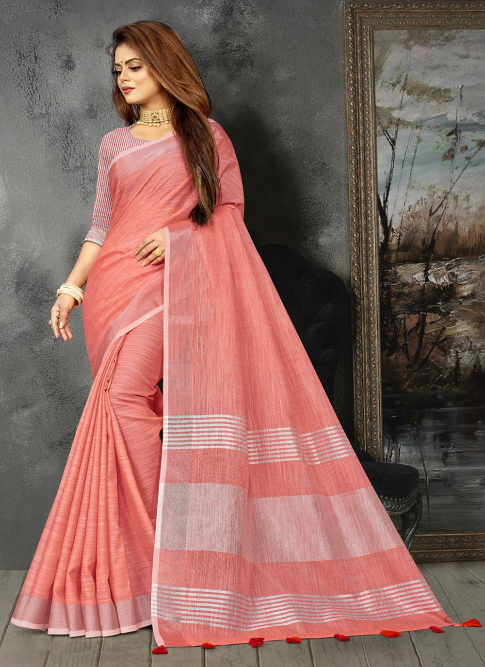 Shree Shyam Fashion Elegant Peach Woven Linen Saree with Contrast Zari Border & Tassels - Soft & Breathable Party Wear | Grocsy