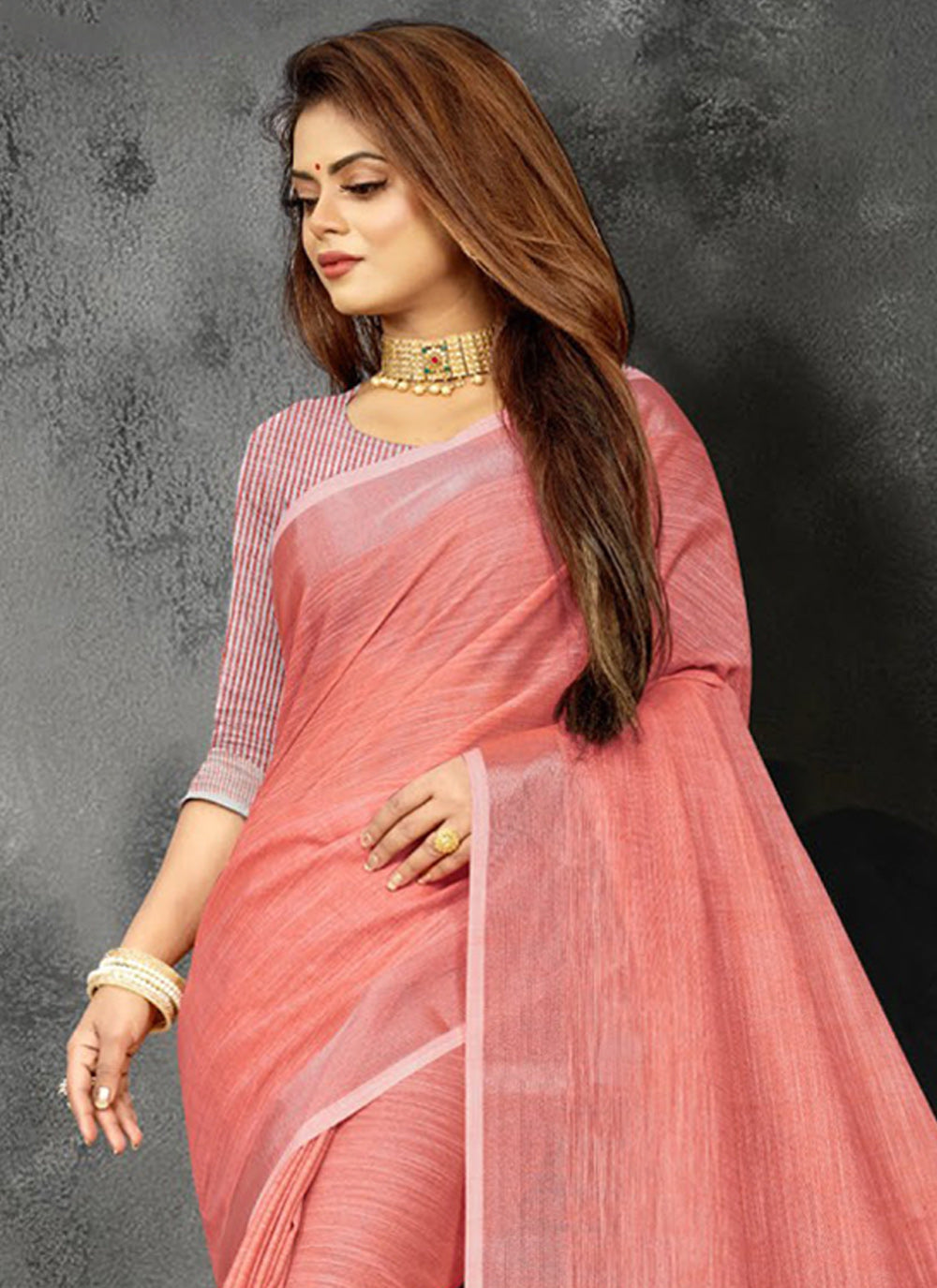 Shree Shyam Fashion Elegant Peach Woven Linen Saree with Contrast Zari Border & Tassels - Soft & Breathable Party Wear | Grocsy