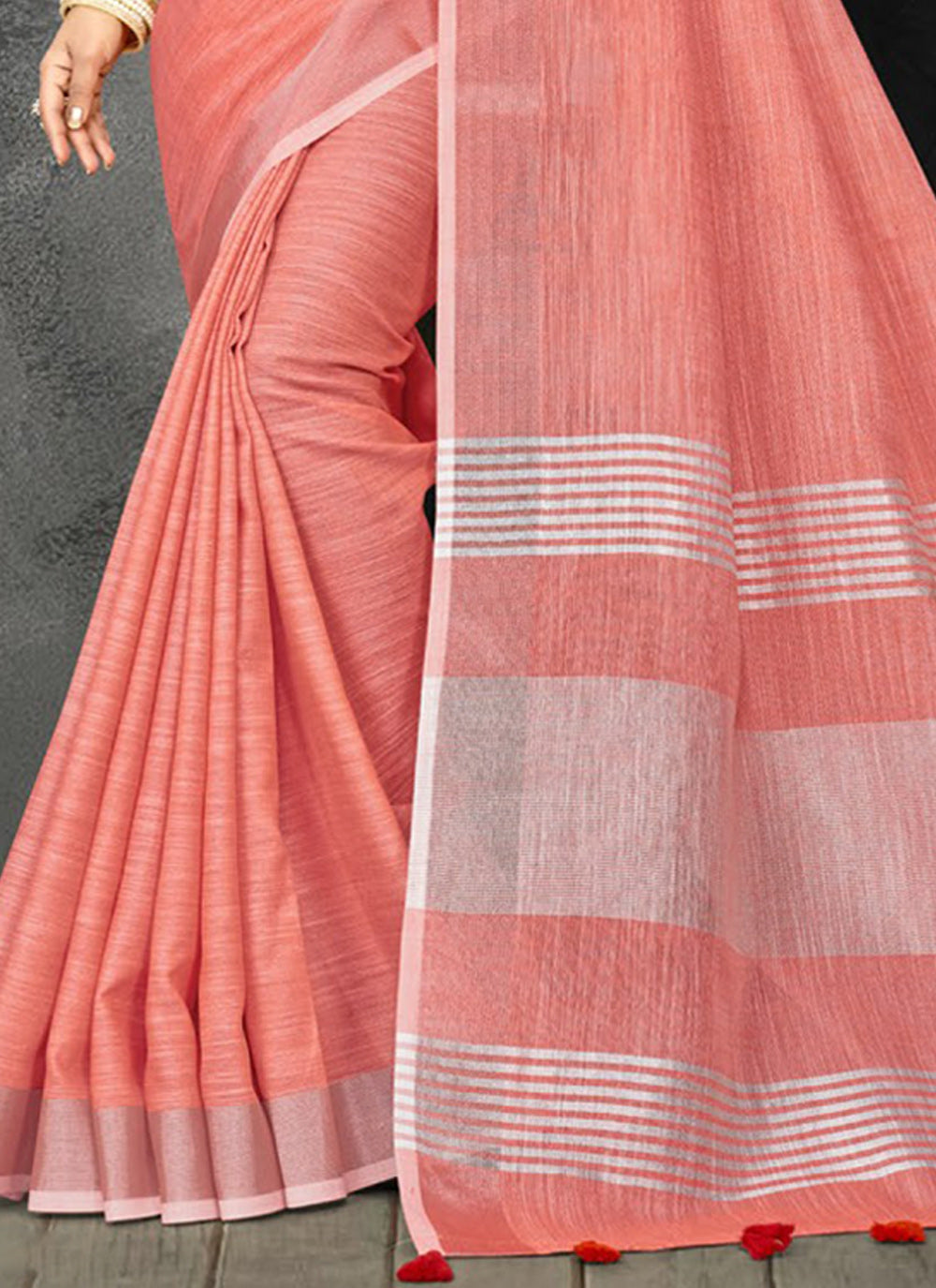 Shree Shyam Fashion Elegant Peach Woven Linen Saree with Contrast Zari Border & Tassels - Soft & Breathable Party Wear | Grocsy